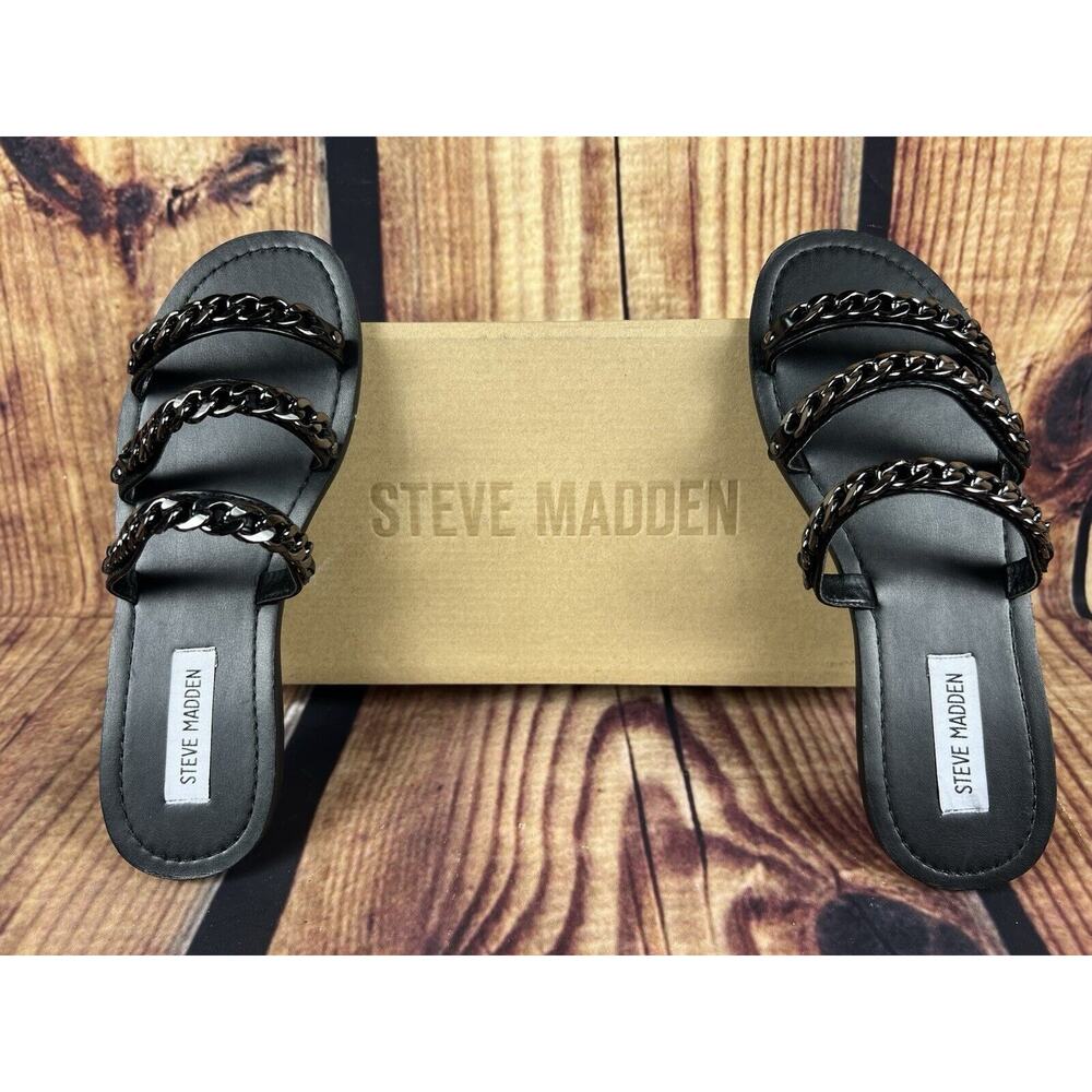 Steve Madden Women’s 7.5 Triple Black Cuban Chains Open Toe Casual Slide Sandals
